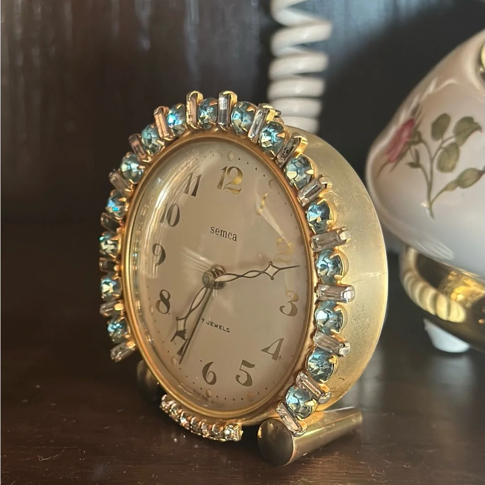 1900's Vintage Semca 7 Jewels Alarm Clock Swiss Aqua Blue & Diamond Rhinestones